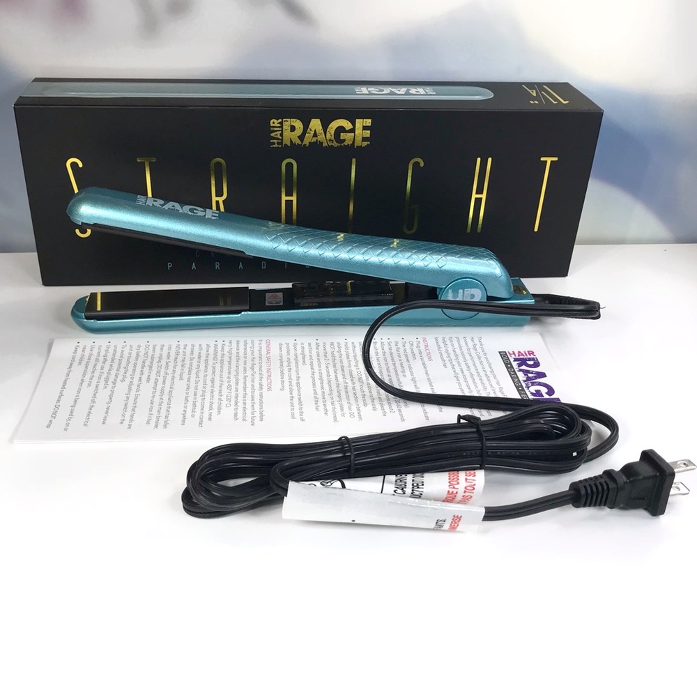 HAIR RAGE Black Tourmaline 32mm /1.25” Ceramic Flat Iron in Turquoise *Brand New
